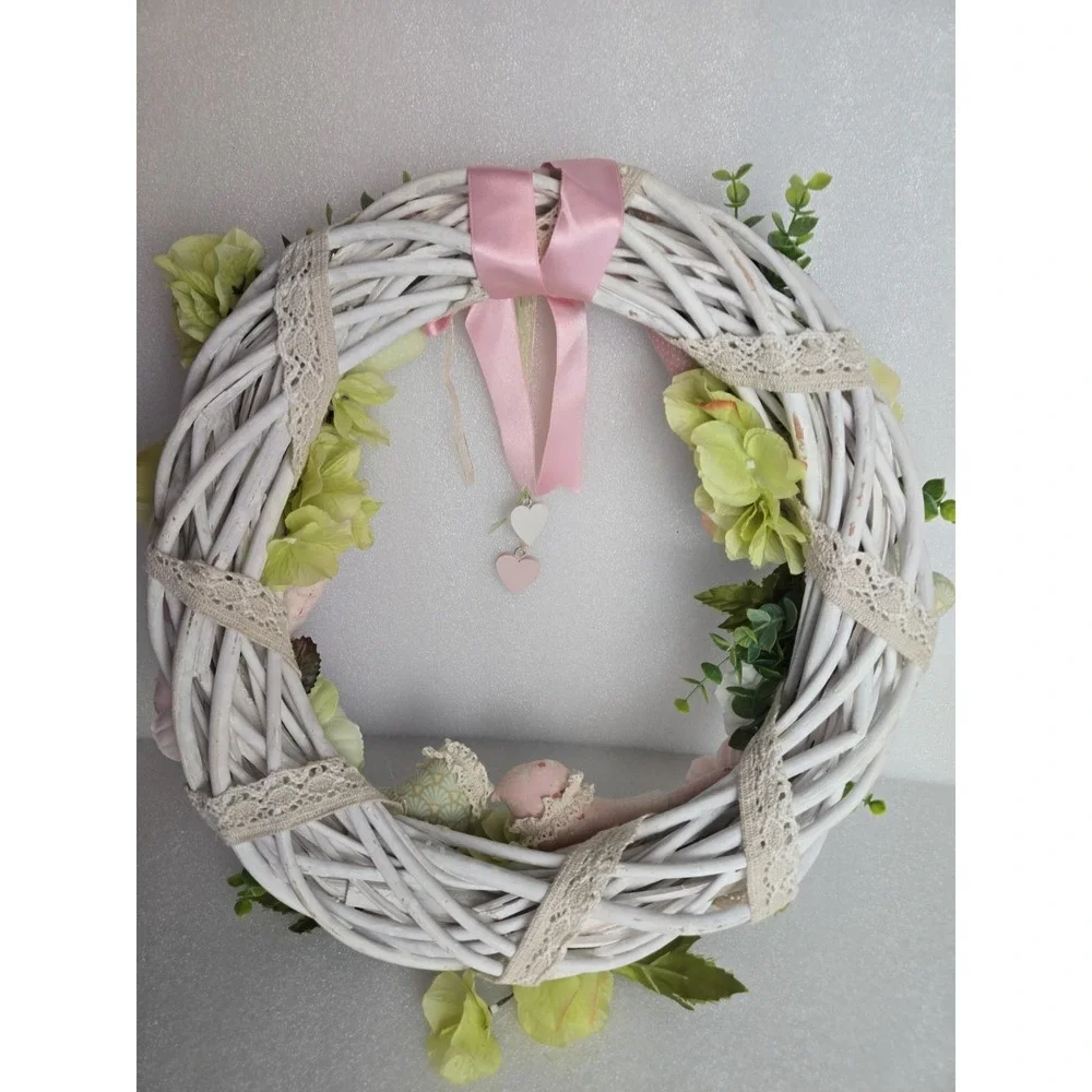 Handmade Door Wreath Love Birds Soft Pink‎ Green Spring Time Floral Wreath 15
